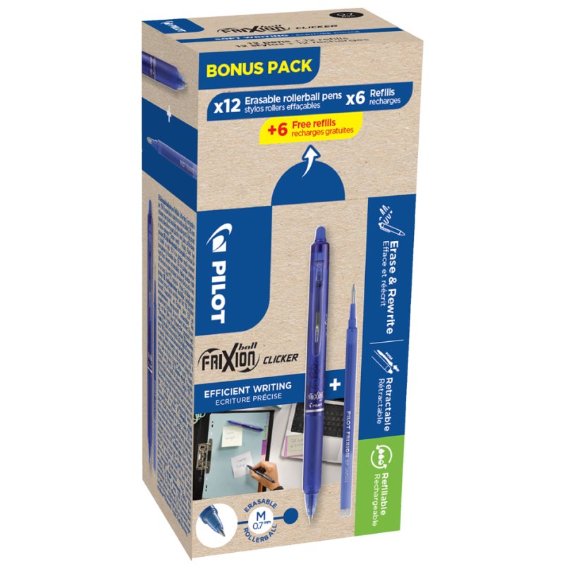 PILOT gel roller FRIXION BALL CLICKER 07, refillable, blue, bonus pack